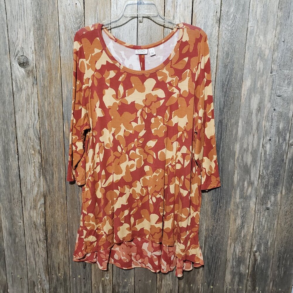 LOGO Lori Goldstein XL Top Tunic Knit Stretch Orange Peach Floral Boho Comfy - Picture 2 of 8